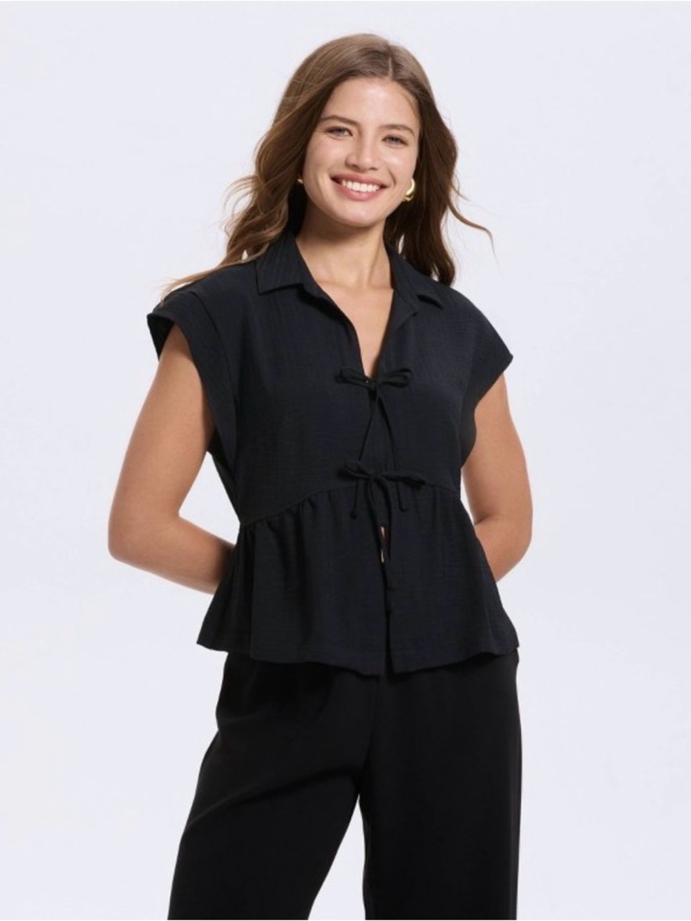 Black Cap-Sleeve Tie-Front Peplum Top - Women S